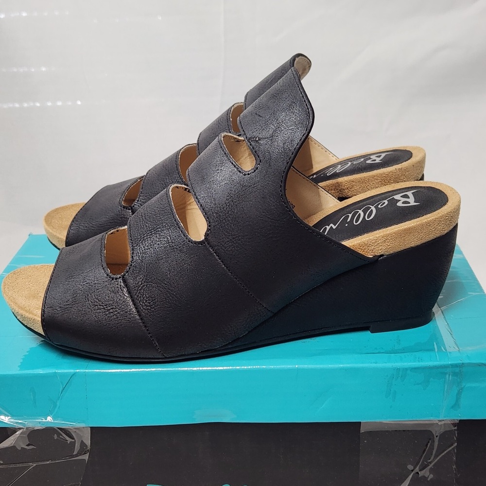 Bellini Whit Wedge Sandals Women Size 7 Black Smooth Cutout Mule 20950-10